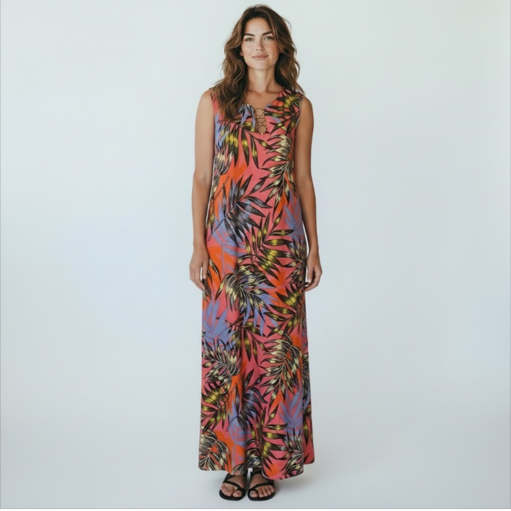 Ellen Weaver Sleeveless Maxi Dress Palm Leaves Tropical Resort Size Large